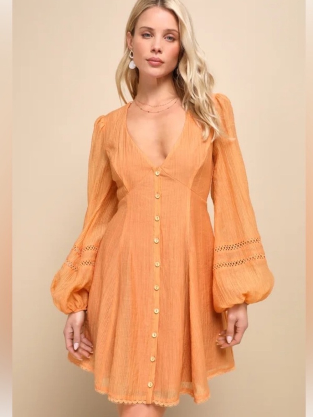 Women's Orange Button-Front Long Sleeve Dress